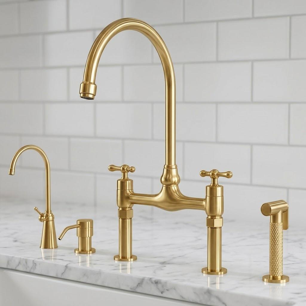 Brushed Brass Bridge Kitchen Faucet, Side Sprayer & Soap Dispenser – installed view