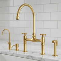 Brushed Brass Bridge Kitchen Faucet with Side Sprayer, Soap Dispenser and Cold Tap