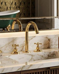 Widespread Bathroom Faucet, Unlacquered Brass 3 Hole Sink Mixer Tap, Modern Vintage Gold Fixture