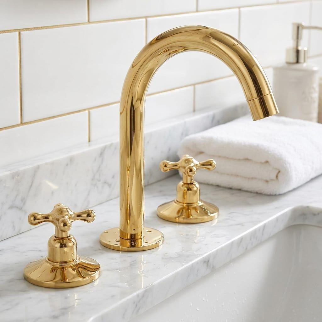 Unlacquered Brass Widespread Bathroom Faucet, 3 Hole Sink Mixer – installed view