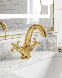 Solid Brass Vintage Gold Bathroom Faucet: Dual Handle High Arc Basin Mixer Tap