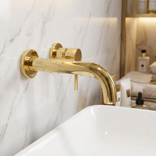 Wall Mount Bathroom Faucet Gold Brass, Sink Mixer Tap