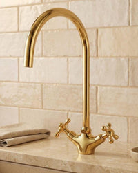 Unlacquered Brass Bridge Kitchen Faucet, Farmhouse  Tap, Gooseneck Faucet