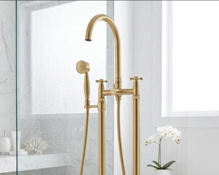 Unlacquered Brass Freestanding Tub Filler Faucet – installed view
