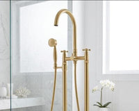 Unlacquered Brass Freestanding Tub Filler Faucet: Solid Brass Floor Mount Bathroom Fixture