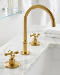 Solid Brass Widespread Bathroom Faucet | Gold 3-Hole Cross Handle Vanity Mixer Tap