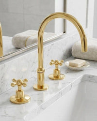 Solid Brass Widespread Bathroom Faucet | Gold 3-Hole Cross Handle Vanity Mixer Tap