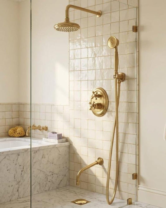 Luxury Brass Shower System, Vintage Gold Rain Faucet