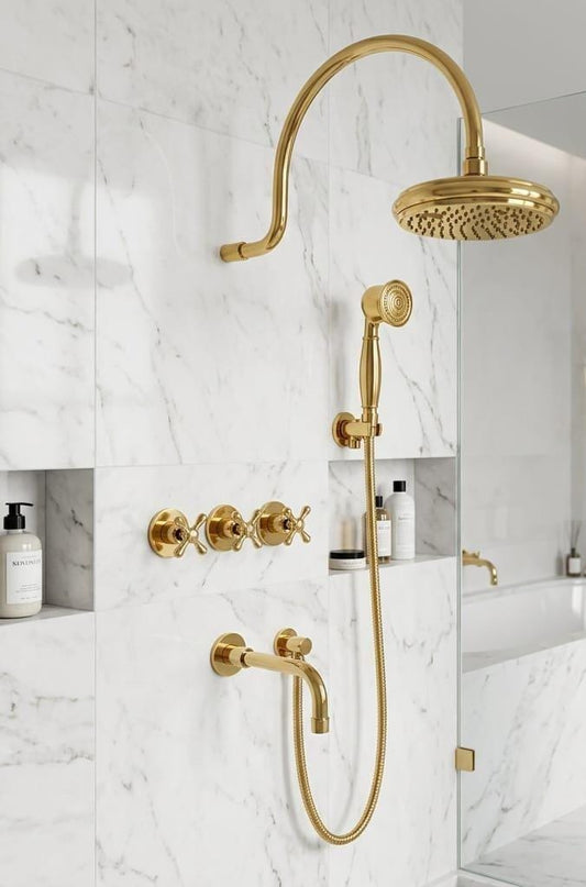 Unlacquered Brass Shower System, Rainfall, Handheld Sprayer