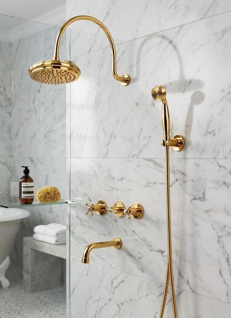 Unlacquered Brass Wall Mounted Shower System, Rain Shower Faucet – alternate angle
