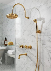 Unlacquered Brass Wall Mounted Shower System: Modern Gold Bathroom Fixture, Rain Shower Faucet