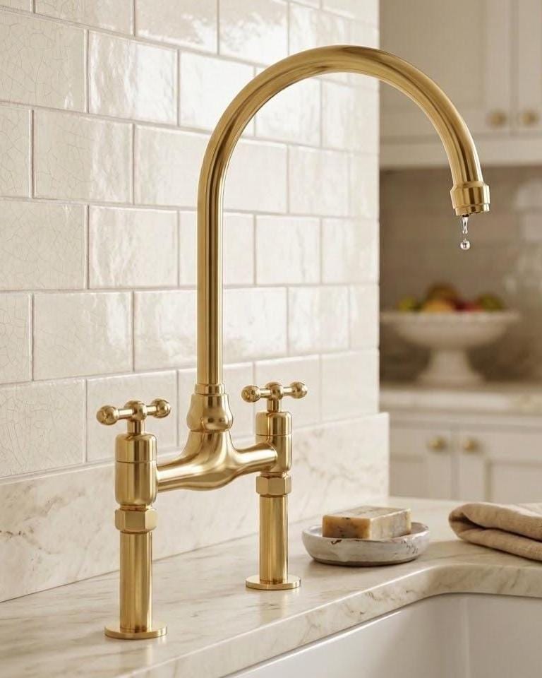 Solid Brass Bridge Kitchen Faucet, High Arc Gold Sink Tap – installed view