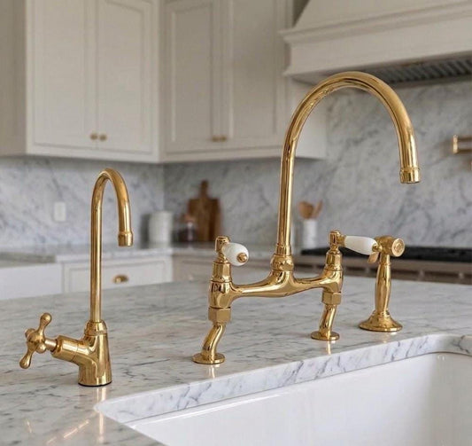 Unlacquered Brass Bridge Kitchen Faucet, Farmhouse Sink Mixer