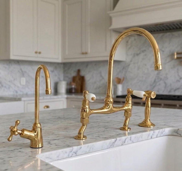 Unlacquered Brass Bridge Kitchen Faucet, Farmhouse Sink Mixer