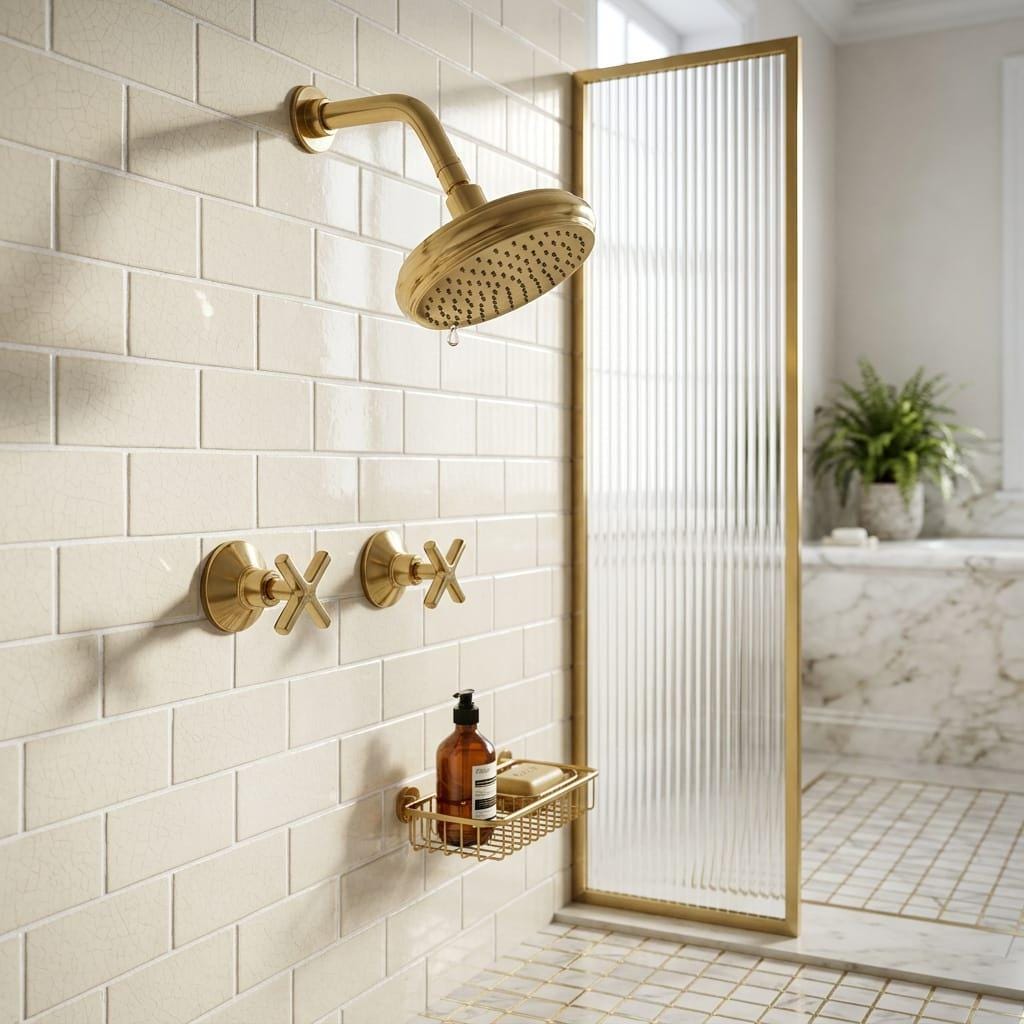 Unlacquered Brass Rainfall Shower Set, Wall Mounted – installed view