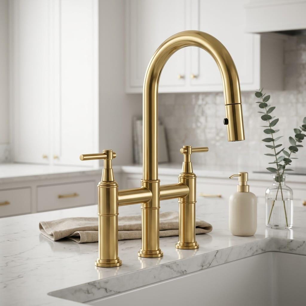 Solid Brass Kitchen Faucet, Modern Curved Sink Fixture – installed view