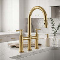 Solid Brass Kitchen Faucet – Polished Gold Dual Handle Mixer Tap, Modern Curved Sink Fixture