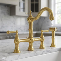 Bridge Kitchen Faucet with Sprayer, Vintage Brass Sink Fixture, Deck Mount Kitchen Tap