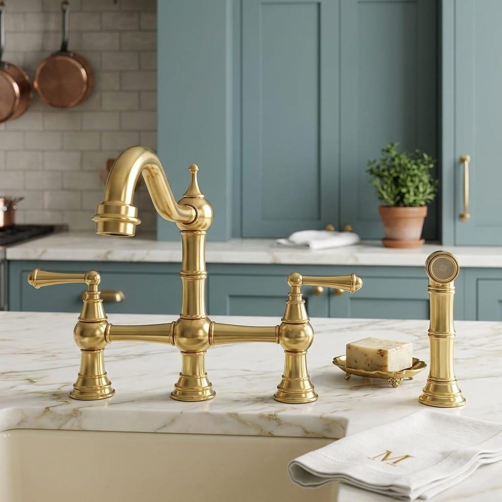 Solid Brass Bridge Kitchen Faucet with Sprayer – detail view