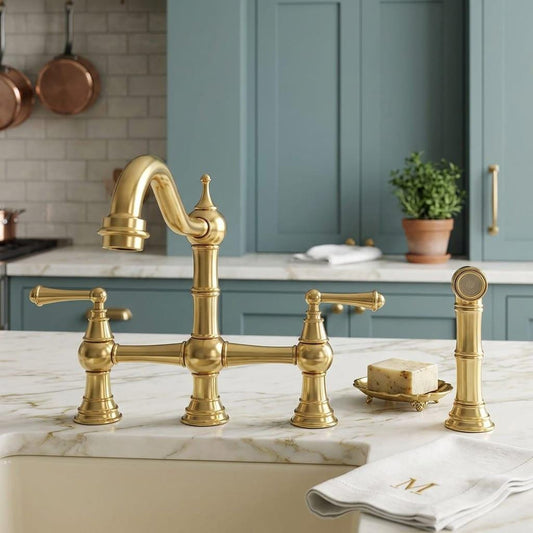 Solid Brass Bridge Kitchen Faucet with Sprayer – detail view