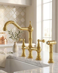 Bridge Kitchen Faucet with Sprayer, Vintage Brass Sink Fixture, Deck Mount Kitchen Tap