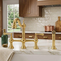 Brushed Brass Bridge Kitchen Faucet with Side Sprayer, Solid Brass Farmhouse Sink Tap