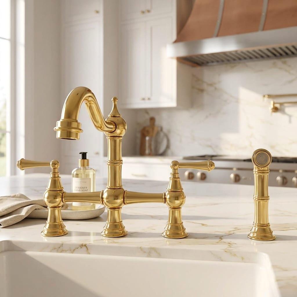 Brushed Brass Bridge Kitchen Faucet with Side Sprayer – alternate angle