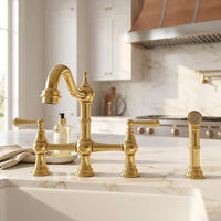Brushed Brass Bridge Kitchen Faucet with Side Sprayer, Solid Brass Farmhouse Sink Tap