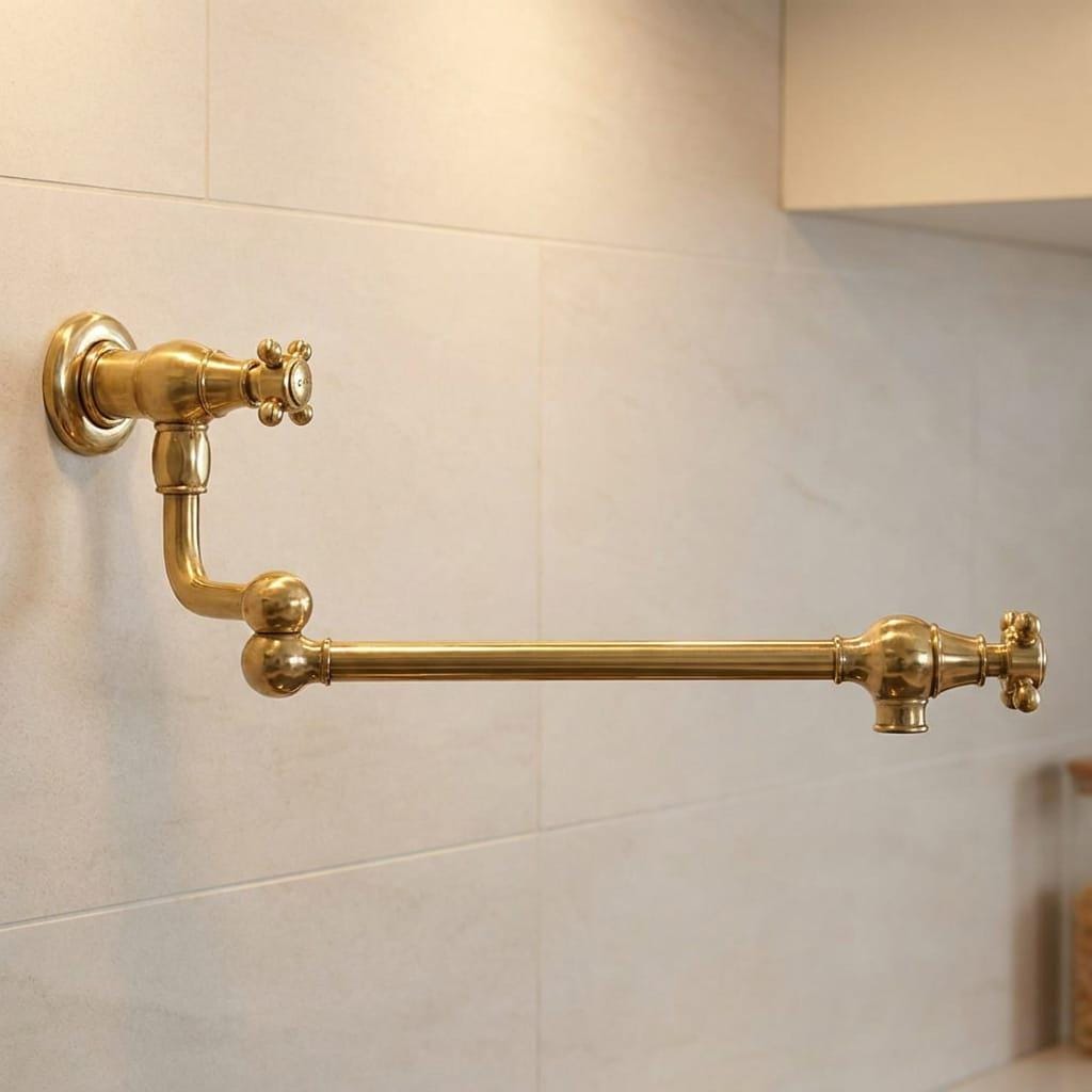 Unlacquered Brass Pot Filler Faucet, Wall Mount Folding Kitchen Tap – detail view