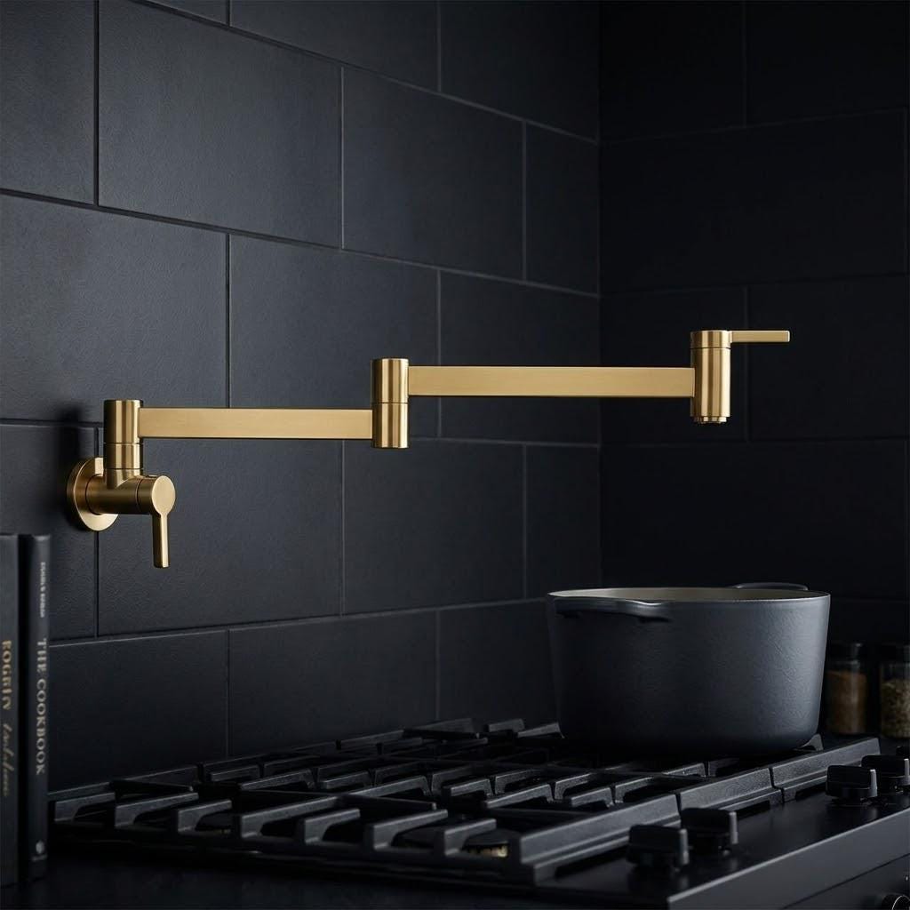 Unlacquered Brass Pot Filler Faucet, Wall Mount Folding Arm Tap