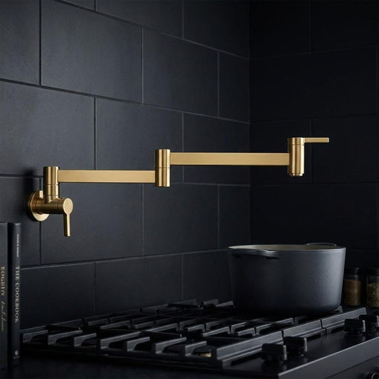 Unlacquered Brass Pot Filler Faucet, Wall Mount Folding Arm Tap