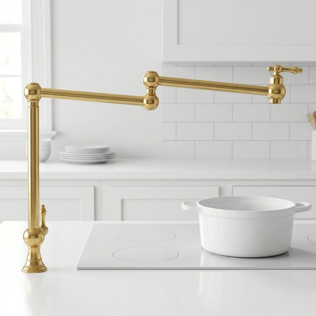 Unlacquered Brass Pot Filler Faucet, Folding Kitchen Tap – detail view