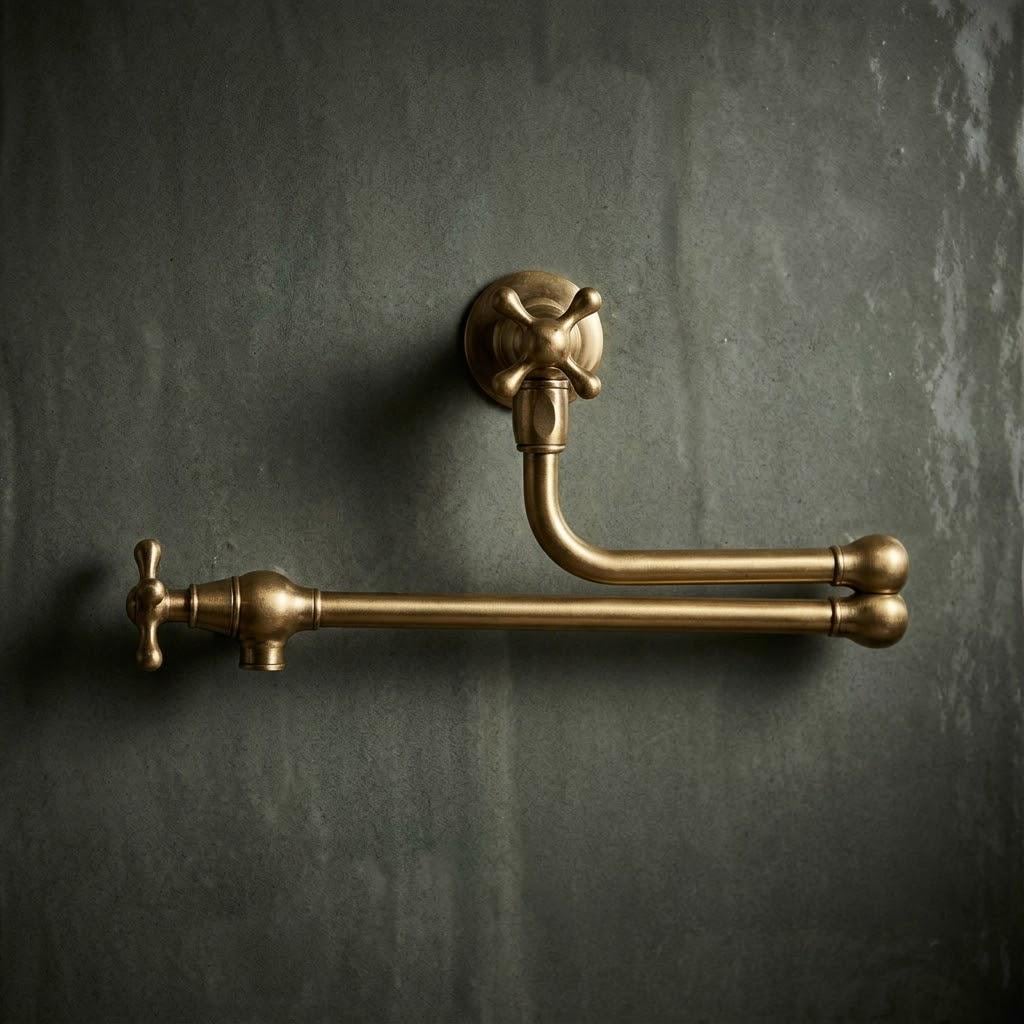 Unlacquered Brass Wall Mount Pot Filler Faucet – installed view