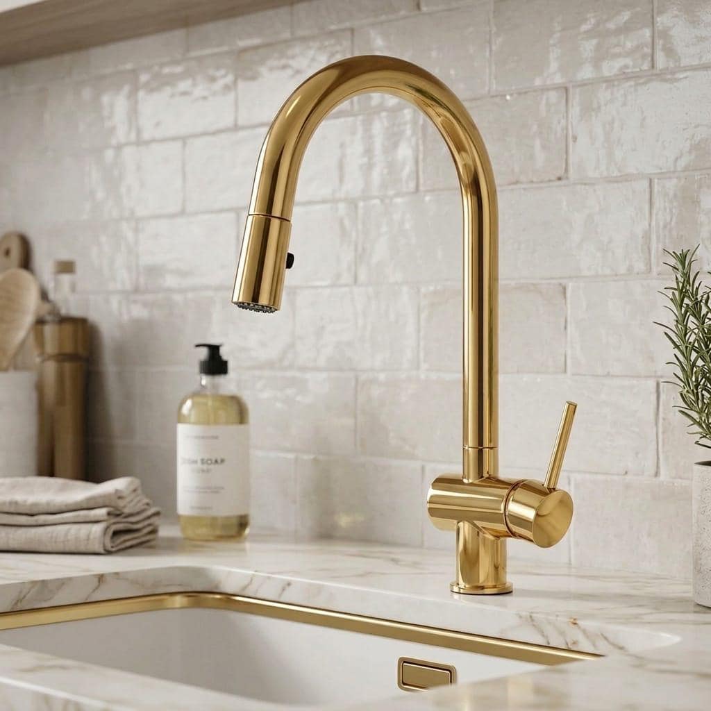 Unlacquered Brass Pull Down Kitchen Faucet – close-up of the finish