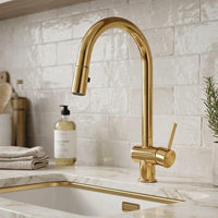 Unlacquered Brass Pull Down Kitchen Faucet, Modern Single Handle Mixer Tap