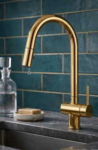 Unlacquered Brass Pull Down Kitchen Faucet, Modern Single Handle Mixer Tap
