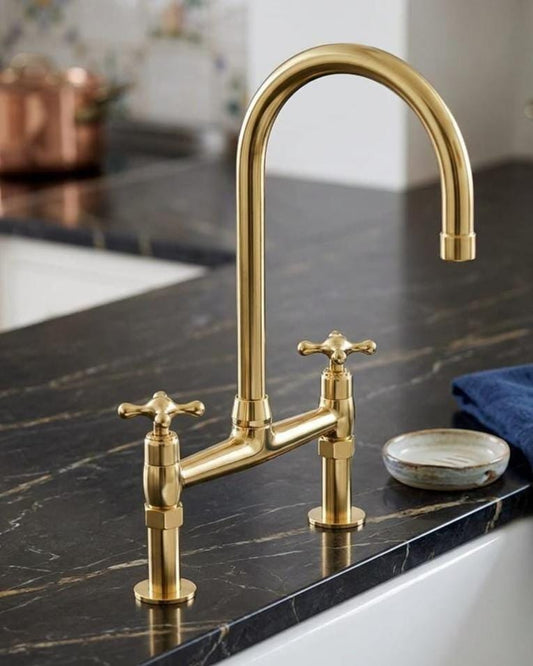 Unlacquered Brass Bridge Faucet, Gooseneck Kitchen Tap – detail view