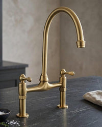 Unlacquered Brass Bridge Kitchen Faucet, Vintage Farmhouse Sink Mixer Tap, Solid Brass Swivel Spout