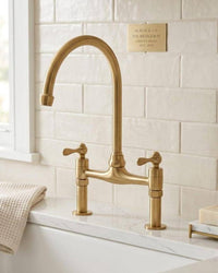 Brushed Brass Bridge Kitchen Faucet, Vintage Gold Farmhouse Sink Tap, High Arc Swivel Spout