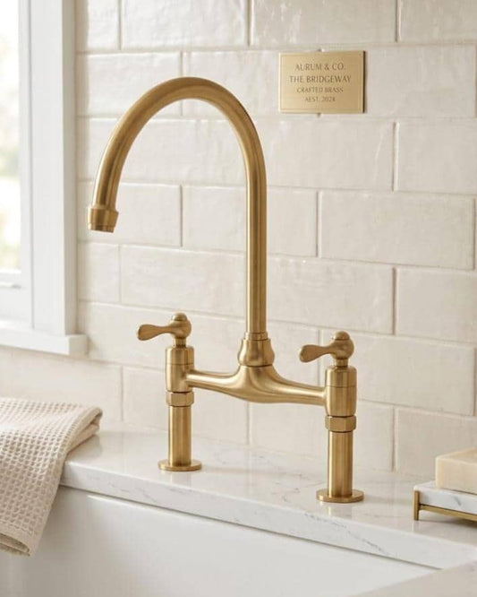 Brushed Brass Bridge Kitchen Faucet, High Arc Swivel Spout – detail view