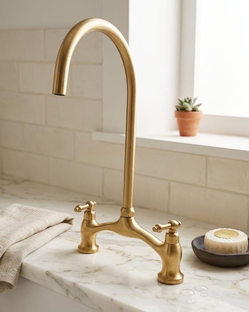 Handmade Unlacquered Brass Bridge Faucet, Solid Luxury Tap – alternate angle