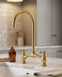 Handmade Unlacquered Brass Bridge Faucet, Vintage Gold Cross Handles, Solid Luxury Tap