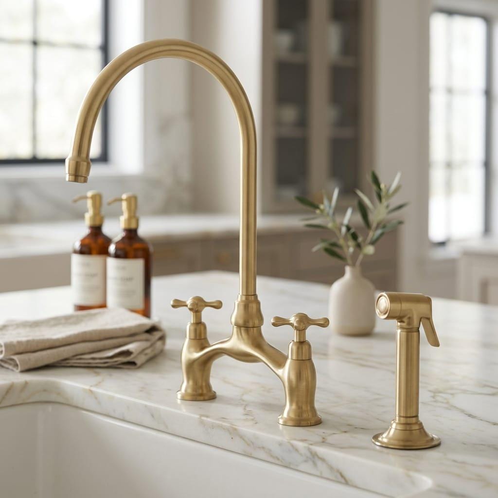 Unlacquered Brass Bridge Kitchen Faucet, Solid Brass sprayer – installed view