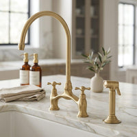 Unlacquered Brass Bridge Kitchen Faucet, Vintage Farmhouse Sink Mixer Tap, Solid Brass sprayer