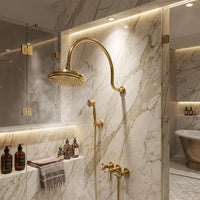 Solid Brass Gold Rainfall Shower System, Vintage Exposed Wall Mount Kit Handheld Sprayer