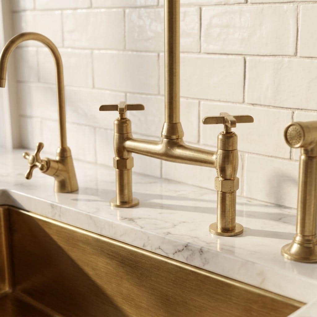 Solid Brass Bridge Kitchen Faucet with Side Sprayer – close-up of the finish