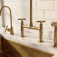 Solid Brass Bridge Kitchen Faucet with Side Sprayer, Vintage Gold Farmhouse Sink Mixer Tap