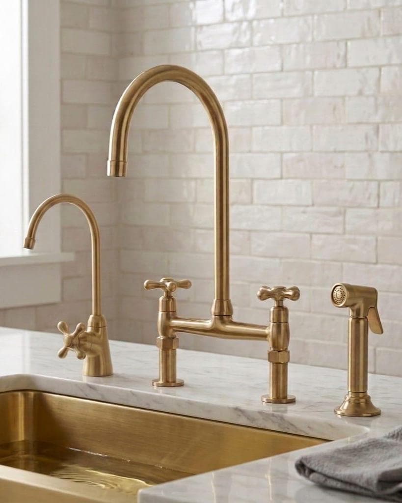 Solid Brass Bridge Kitchen Faucet with Side Sprayer