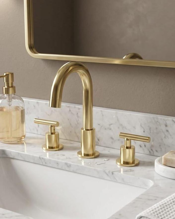 Unlacquered Brass Widespread Faucet, 3-Hole, T-Bar Handles – installed view
