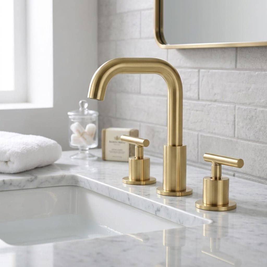 Unlacquered Brass Widespread Faucet, Basin Fixture – close-up of the finish